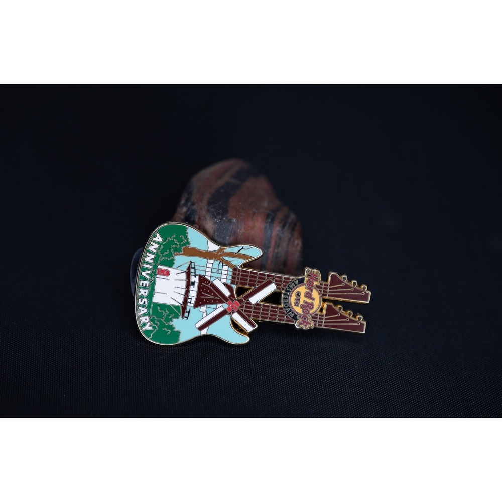 Hard Rock Cafe Amsterdam Windmill Guitar Double Neck‎ Pin Back 11th Anniversary